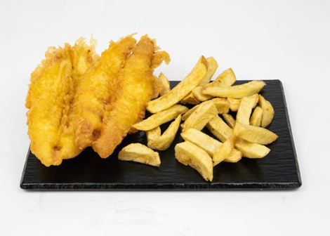 Jonaldo’s Two pieces of battered fish and a pile of chunky chips on a platter.